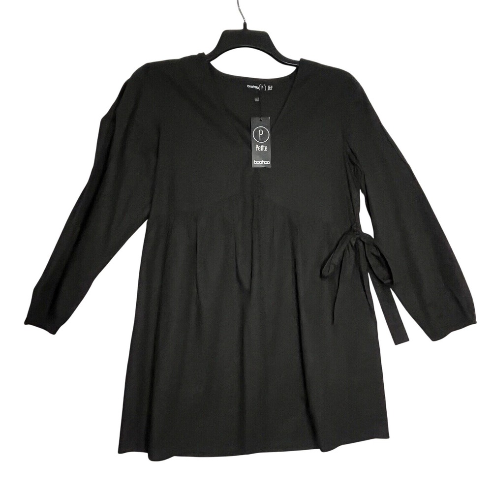 Boohoo Women Black Casual Knee Length Dress Tie Waist V-neck Size 8 Petite NWT